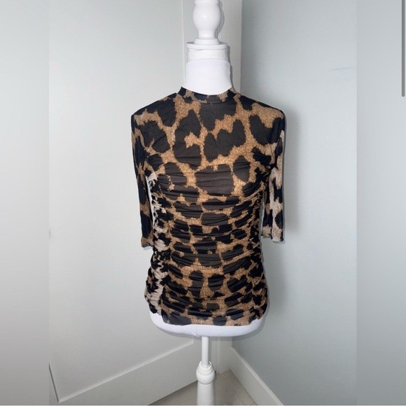 Ganni Ruched Leopard Print Stretch Mesh in Brown/Black/Medium - Picture 3 of 10